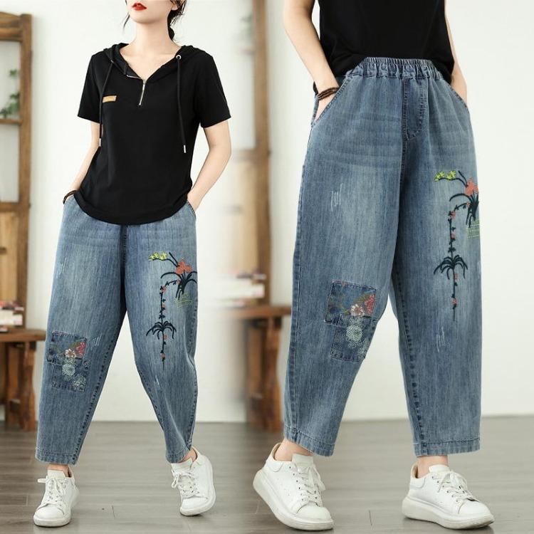 Summer Women Plus Size High Waist Loose Jeans Vintage Harem Pants Elastic Waist Patchwork