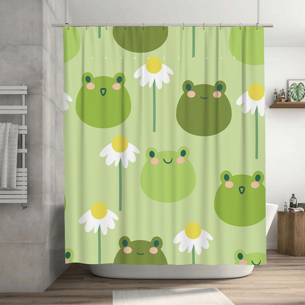 Adorable Frog Daisy Pattern Shower Curtain Green Floral Decor For Bathroom Waterproof Fabric Perfect Gift Idea For Kids Adults A