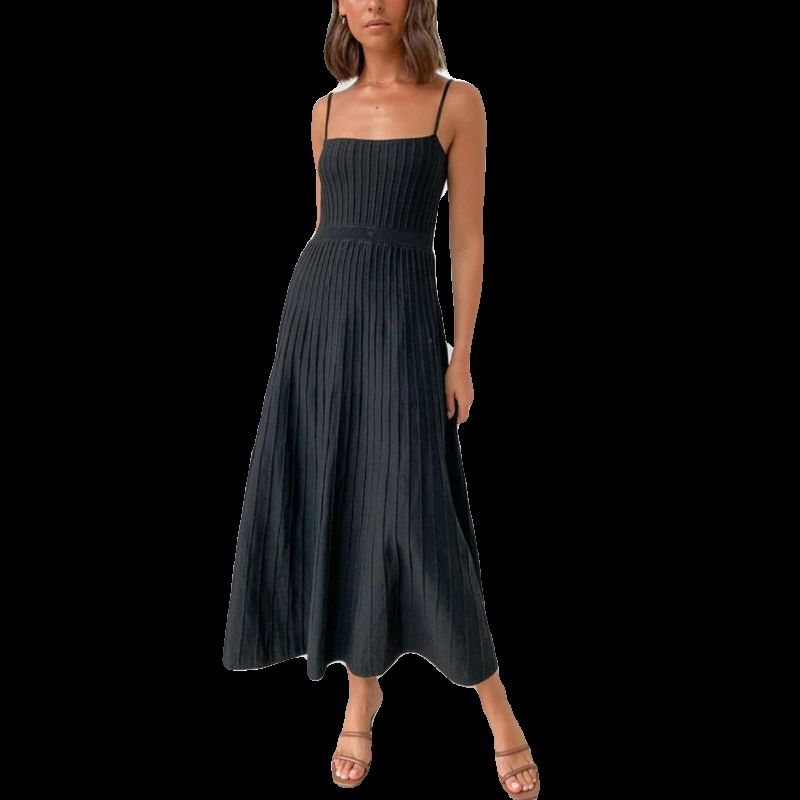 Pleated Long Skirt Summer Women clothes Slim fit High Waist Sling Knitted dress Vacation Pleated Long dress