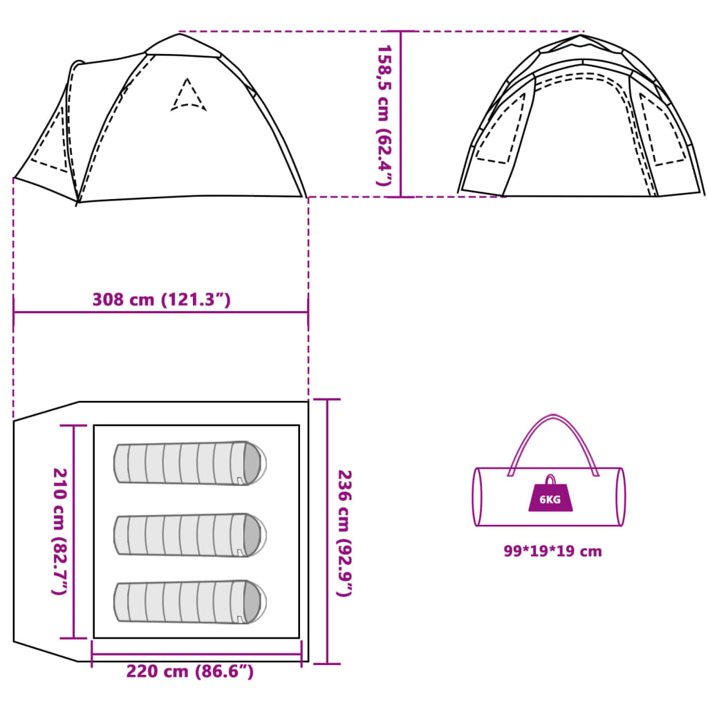 Dome Camping Tent for 3 Persons Blue Quick Release System