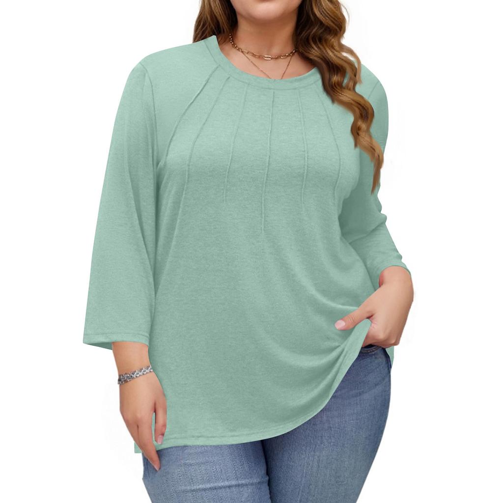 Women's Color Round Neck Plus Size Tops 3/4 Sleeves Elegant Shirt Tops