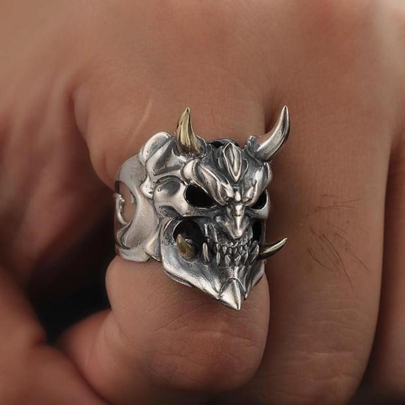 Adjustable Open Ring Men Women Vintage Demon Mask Skull Geometric Finger Copper Plated