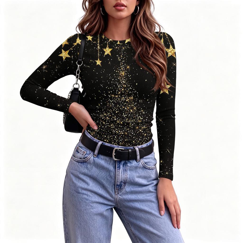 Women's Casual Slim Fit Long Sleeve Crewneck T-Shirt with Christmas Print for Holiday Party