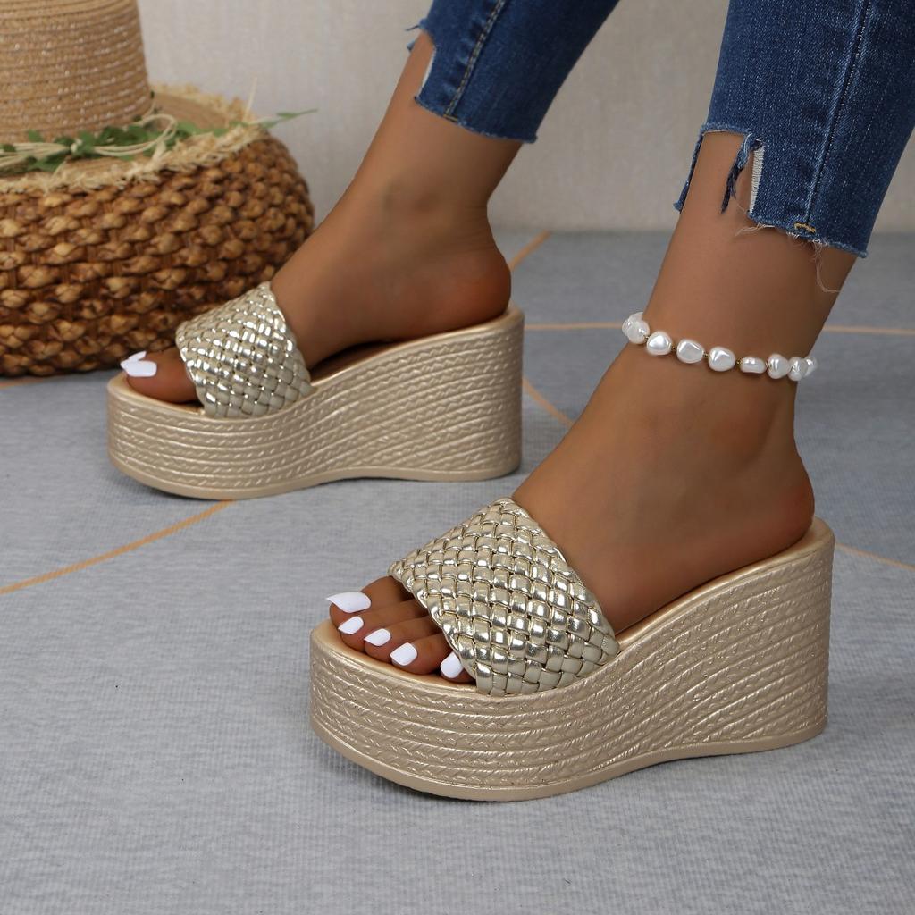 Fashionable High-heeled Slippers, Summer Solid Color Wedge Heels, Elegant and Comfortable Thick-soled Women's Shoes, Large Size