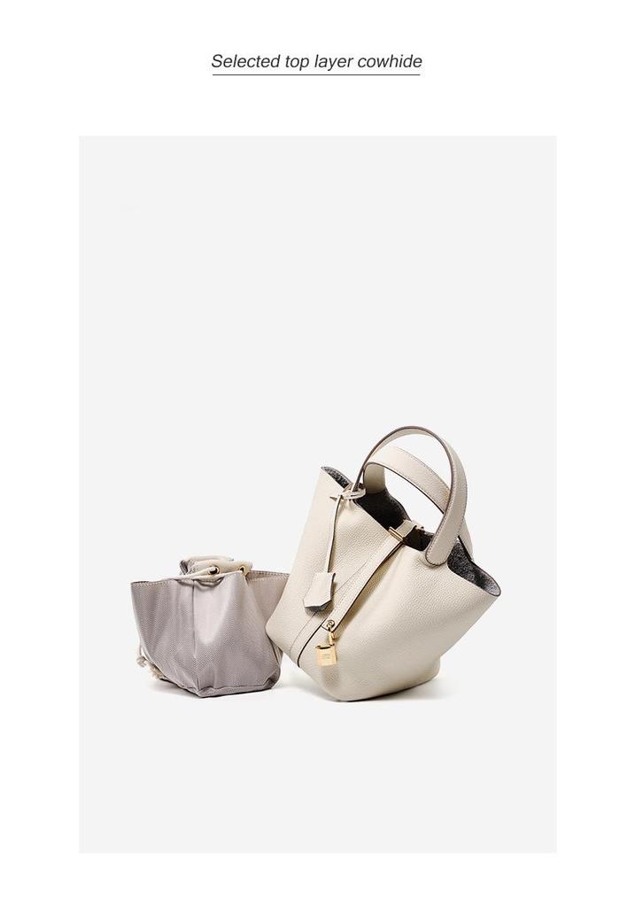 Genuine Leather Women's Bucket Bag - Cowhide Handbag, High-End Women's Tote and Mommy Bag, Vegetable Basket Style 2026 New Release.