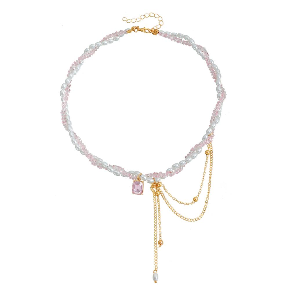 Retro Crystal Bead Gemstone Block Tassel Necklace For Women