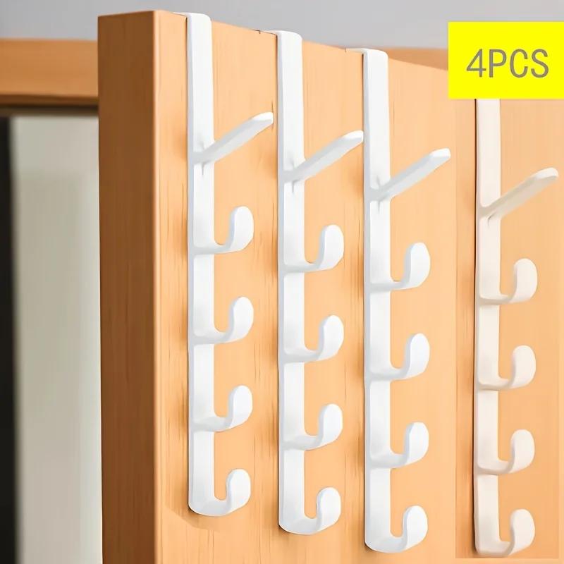 4pcs Set - 5-Hook Door Hook Back Pocket Storage Rack | Household Bathroom Storage Organizer for Bathrooms, Bedrooms