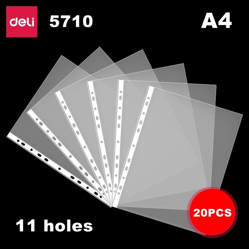 20PCS/Bag Deli 5710 72616 Transparent Document Bag 11 Hole A4 & 30 Hole A3 Horizental Loose Leaf Insert Bag Clear File Folder A4-Vertical-20PCS