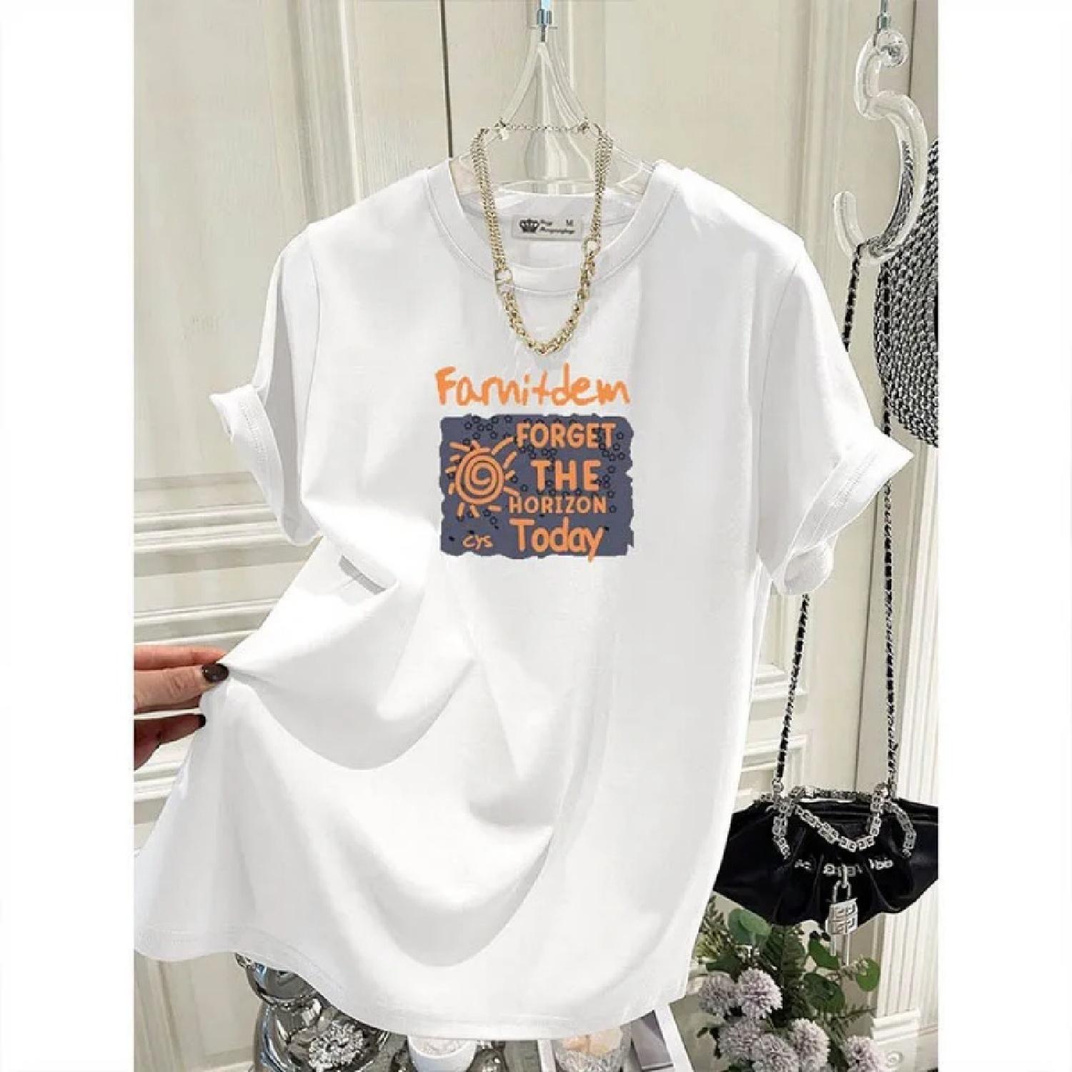 Summer Korean Version of The Chic Letters Printed T-shirt Women s Fashion Casual Tops T-shirt Casual Loose Pullovers XXXXXL белый