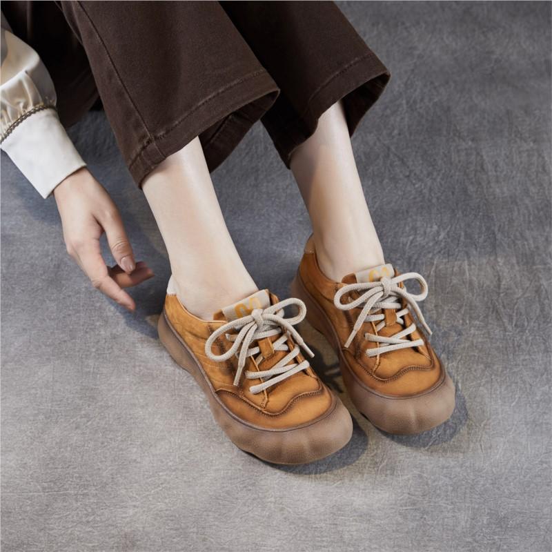 Johnature Retro Genuine Leather Soft Soled Women's Shoes Versatile Lace Up Flat Casual Shoes