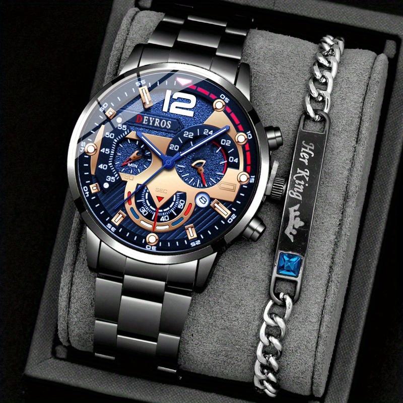 

Модные мужские кварцевые часы с календарем, мужские деловые наручные часы из нержавеющей стали, мужской браслет, набор часов с датой