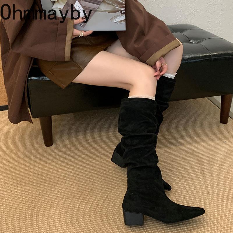 Design Pleated Woman Knee-High Boots Fashion Pointed Toe Long Booties Autumn Winter Square Heels Slim Shoes