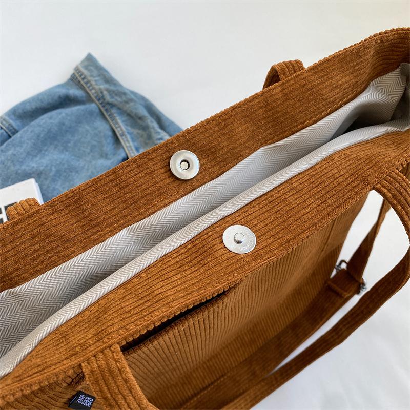 Borsa Tote In Velluto A Coste Da Donna, Grande Capacità, Con Tasche Interne, Tracolla, Per Lavoro, Scuola, Viaggio E Spiaggia, Large - 3