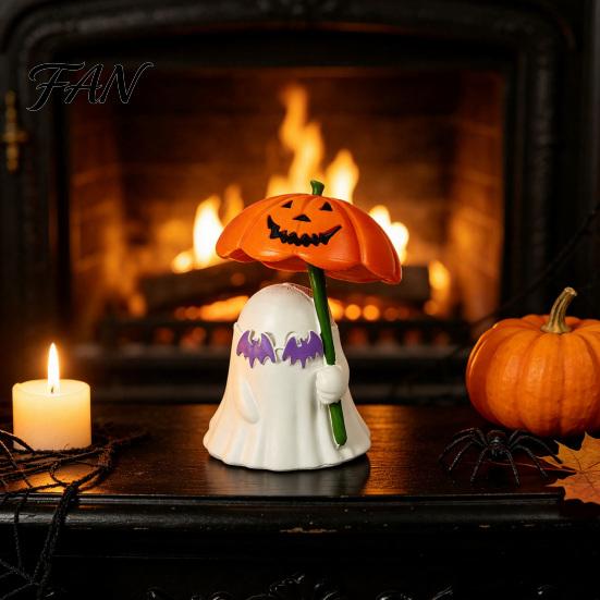 Miniature Halloween Props Ghost Figurine with Pumpkin Umbrella And Bat Eyeglasses, Cute Spooky Home Accents Creative Statue for Holiday Party Desktop