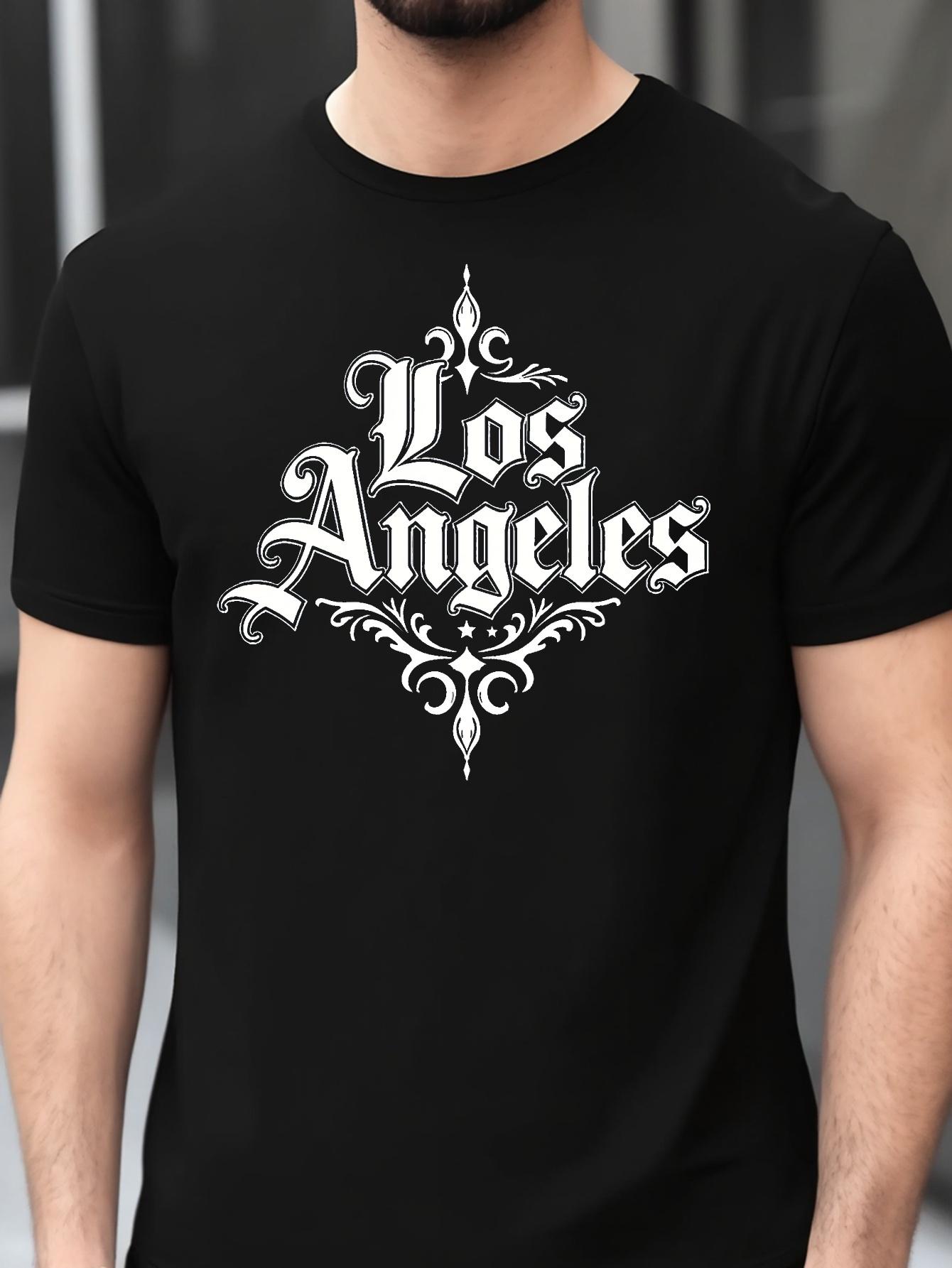 Los Angeles Graphic T-shirt - Navy Blue Cotton Blend Tee with Stretch Knit Fabric - Breathable Regular Fit Shirt for Gym S