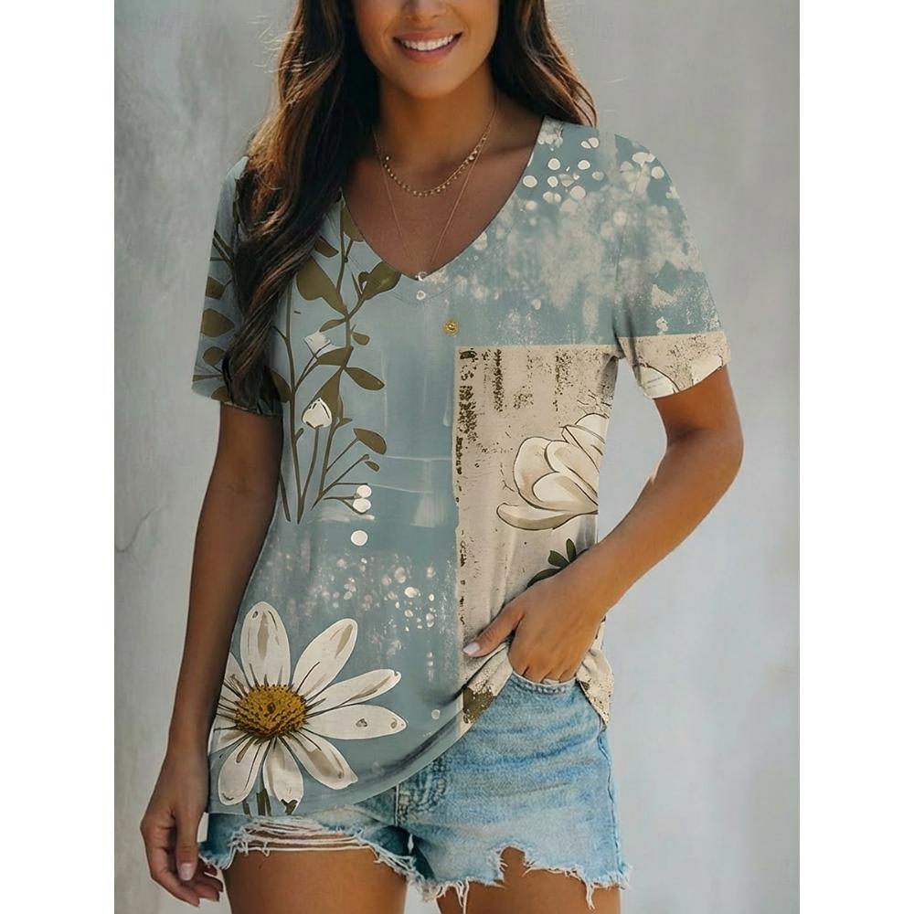 

Women s Stylish V Neck Short Sleeve T Shirt Floral Print Casual Regular Tops Daily Wear Blue Ideal for Spring and Summer S