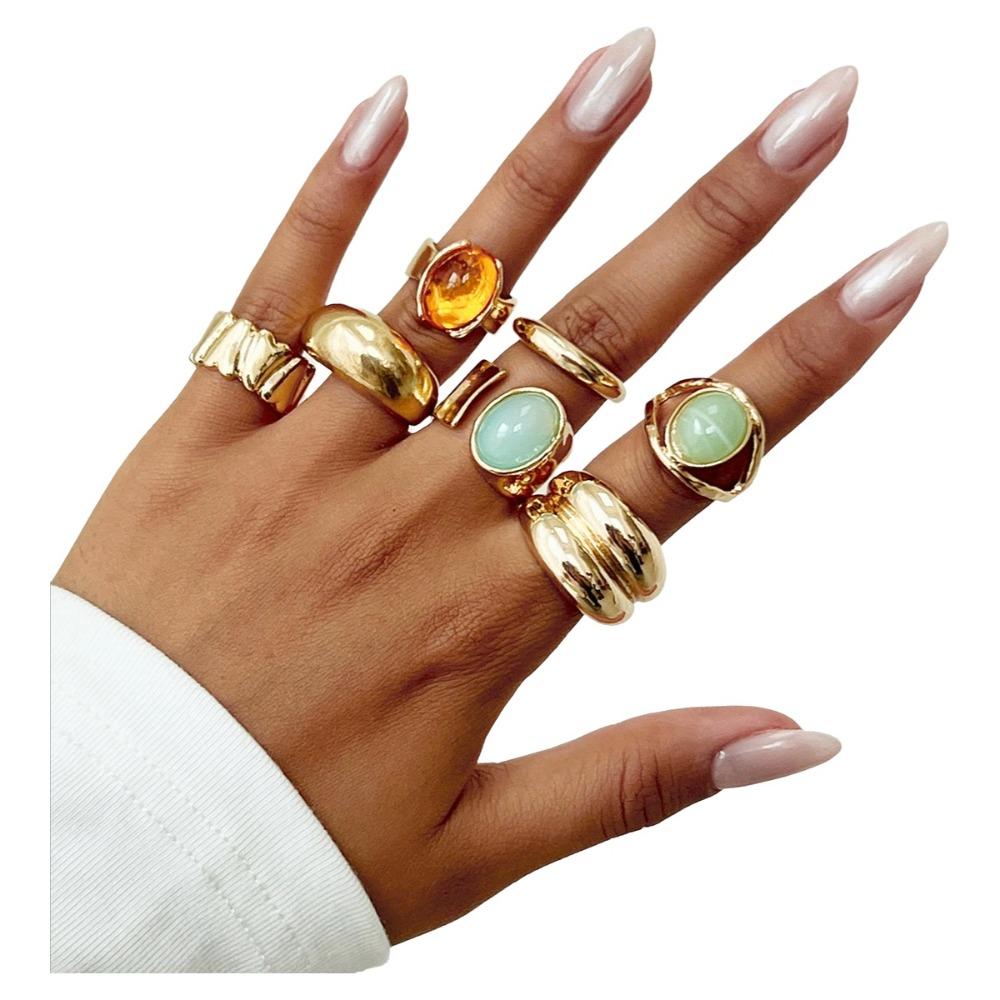 5pcs/7pcs Irregular Chunky Smooth Rings Vintage Retro Metal Ring  Matchable Jewelry