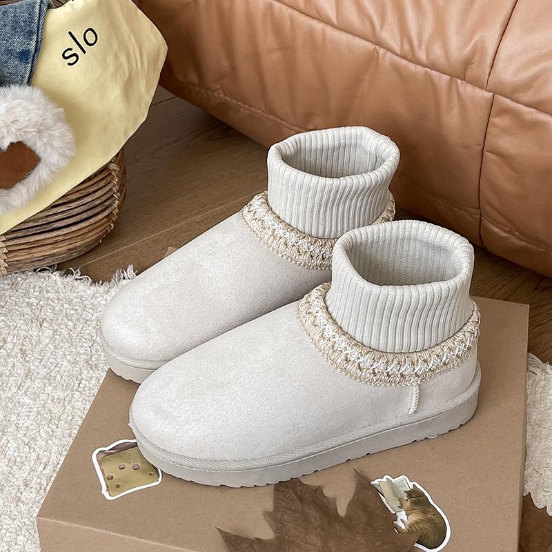 Casual Ethnic Style Embroidered Snow Boots Women  Soft Bottom Short Plush Winter New Warm Knitted Chelsea Boots Plus Size 42