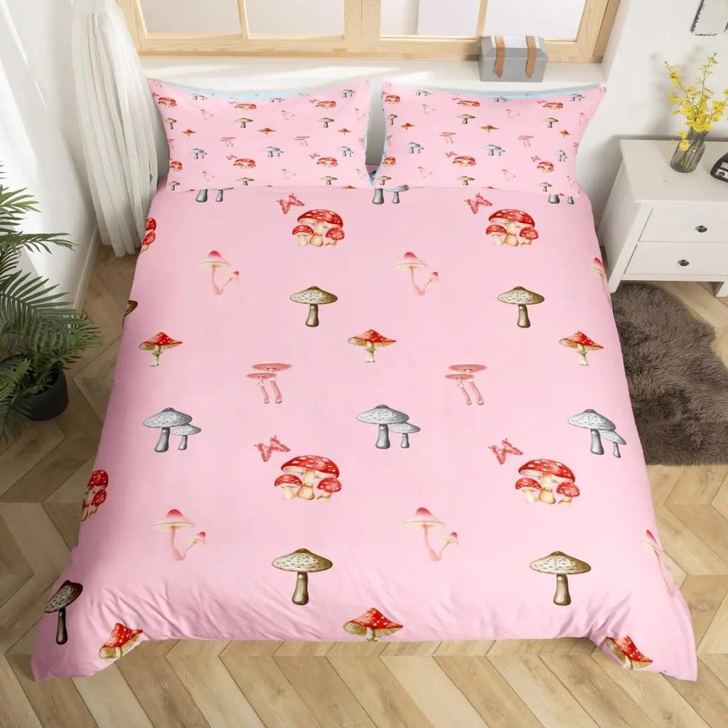 Mushroom Duvet Cover Set Burgundy Plant Fallen Leaves Bedding Set 2/3pcs For Boys Snail Print King Size Soft Comforter Cover