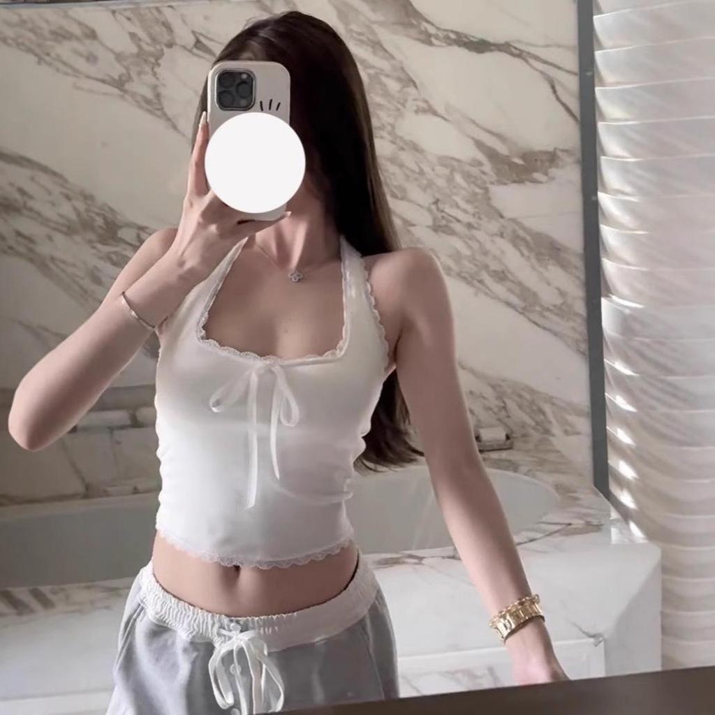 Women's White Lace Trim Halter Tank Top with Chest Pad - Summer Backless Outerwear