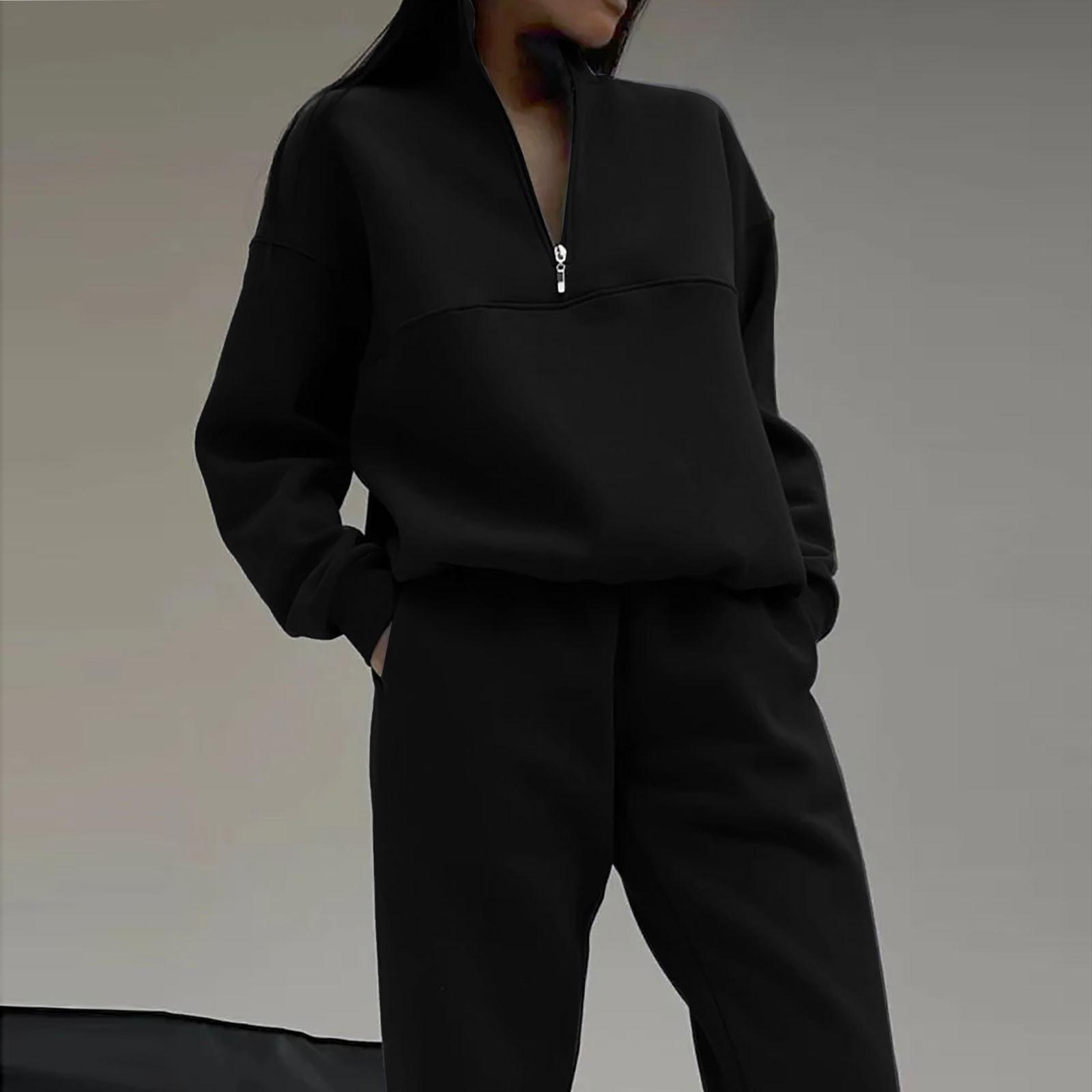 

Жіночі повсякденні вільні толстовки з лацканами, світшот, топ і штани, комплект із двох частин S чорний