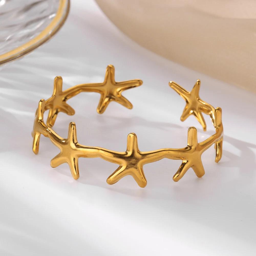 Stainless Steel Starfish Scallop Bracelet Opening Bracelet Fashionable Personality Seaside Vacation Summer Hot Sale