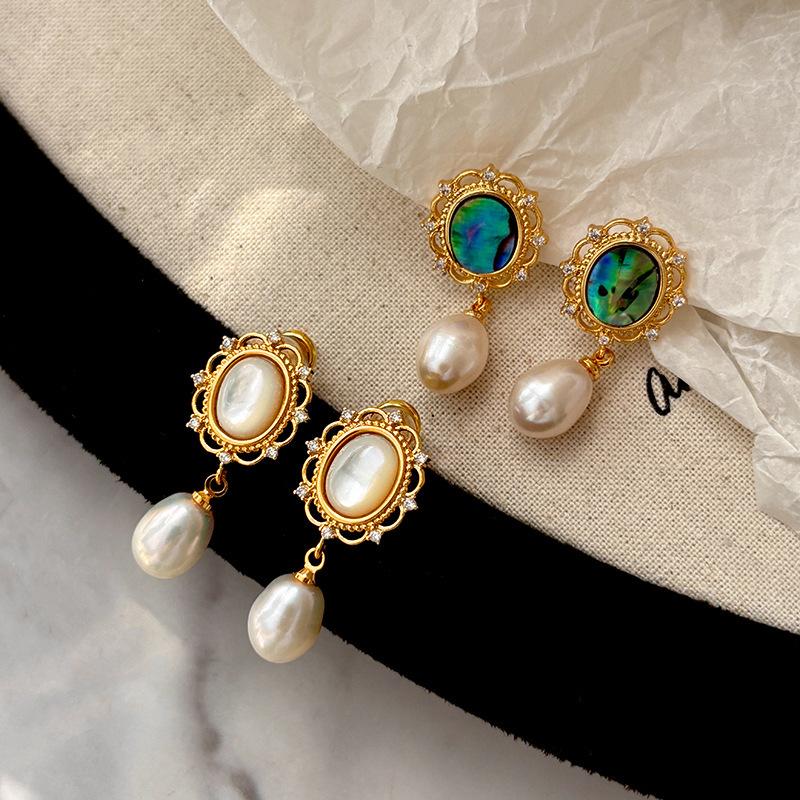 Medieval vintage silver needle earrings real gold electroplated round flower glass pearl stud earrings premium feeling earrings