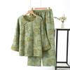 Spring and autumn pajamas women's pure cotton yarn-dyed gauze pajamas nine-quarter-sleeved diagonal placket loungewear set