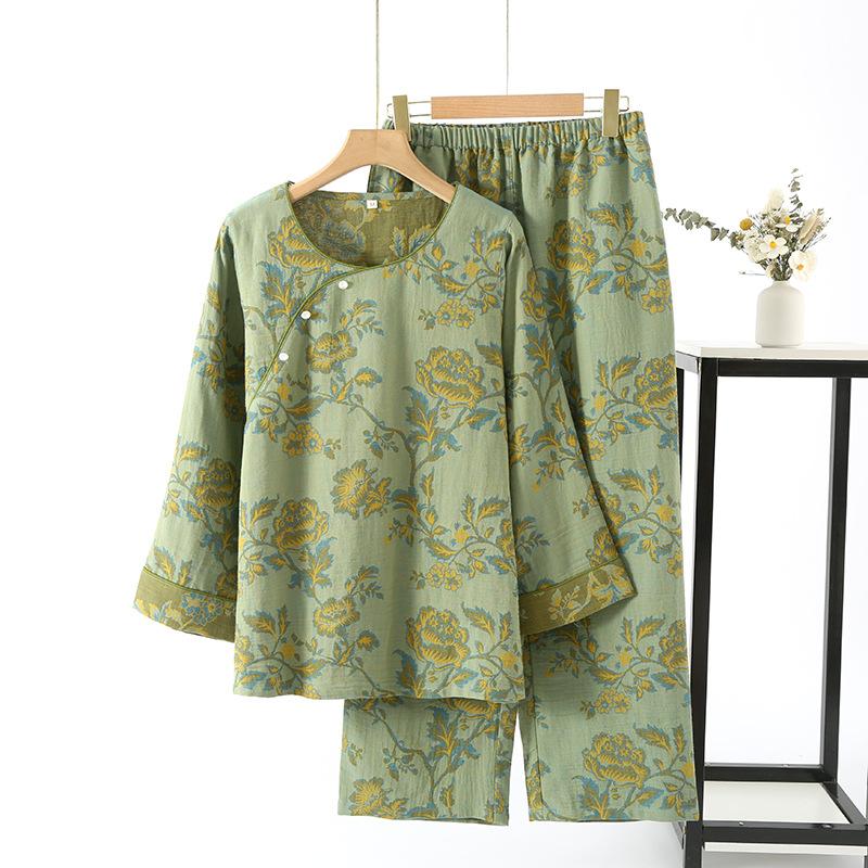 Spring and autumn pajamas women's pure cotton yarn-dyed gauze pajamas nine-quarter-sleeved diagonal placket loungewear set