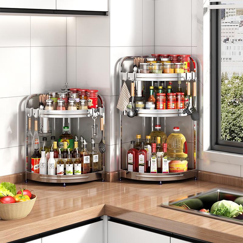 Stainless Steel Kitchen Corner Shelf for Oil, Sauce, Vinegar & Spices - Triangle Storage Rack with Knife Holder.