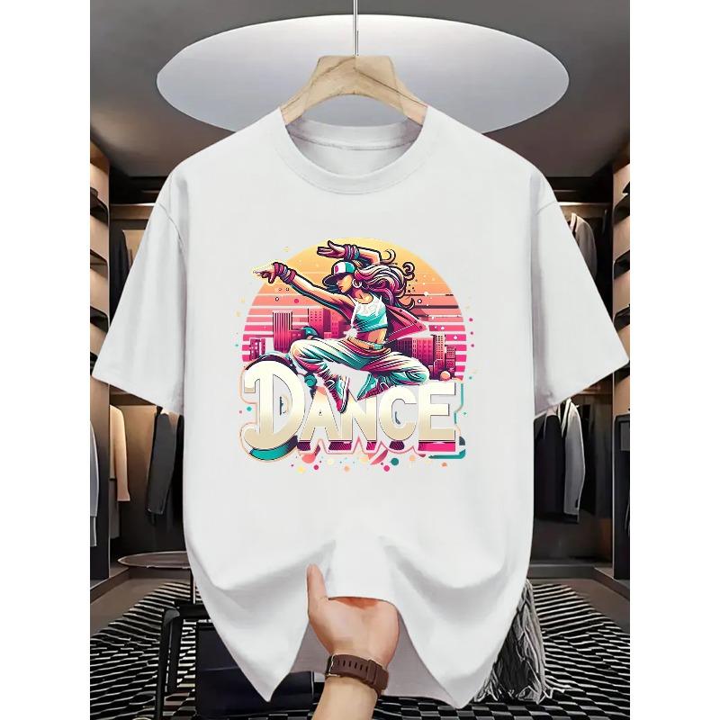 Men'S Vibrant Dance Print U-Neck T-Shirt - Casual Street Style, Stretchy, Perfect for Spring/Summer/Fall, Ideal for Dance Enthusiasts, Dance T Shirt
