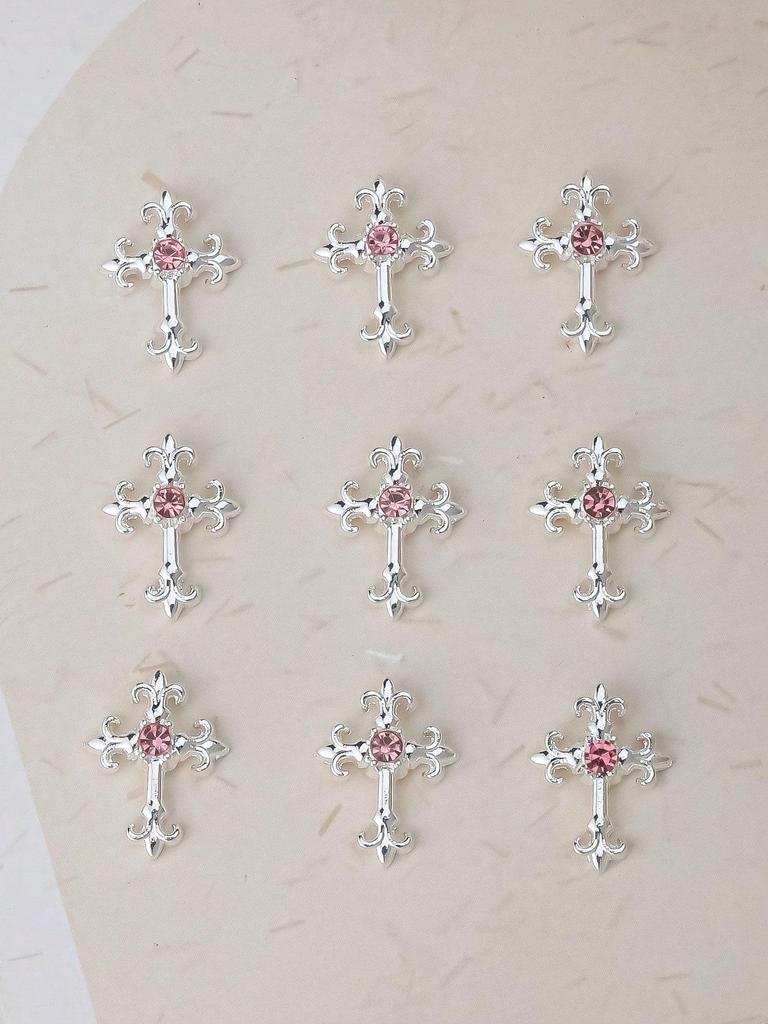 10pcs Gold SilverCross Nail Charms 3D White Pink Rhinestones Nail Art Decorations DIY Nail Gems Nail Supplies