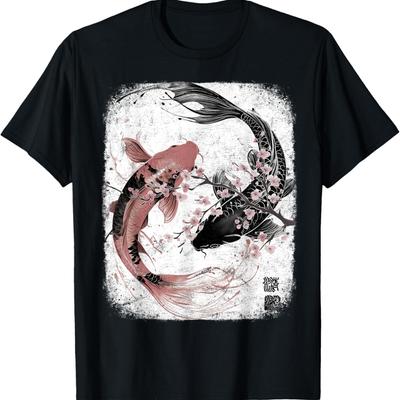 Yin und Yang Koi-Fisch Vintage Kirschblüte T-Shirt