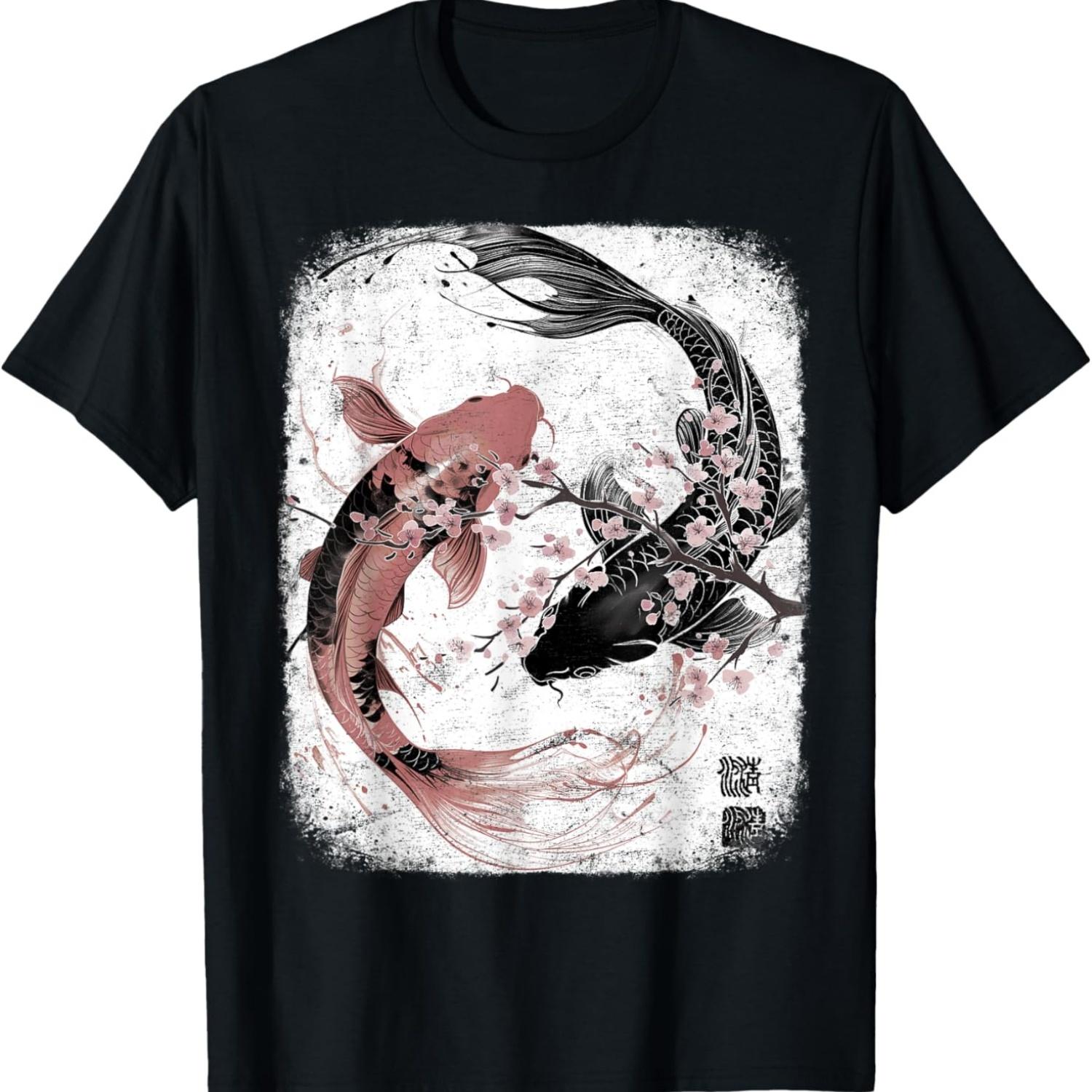 Yin And Yang  Koi Fish vintage cherry blossom T-Shirt S чёрный