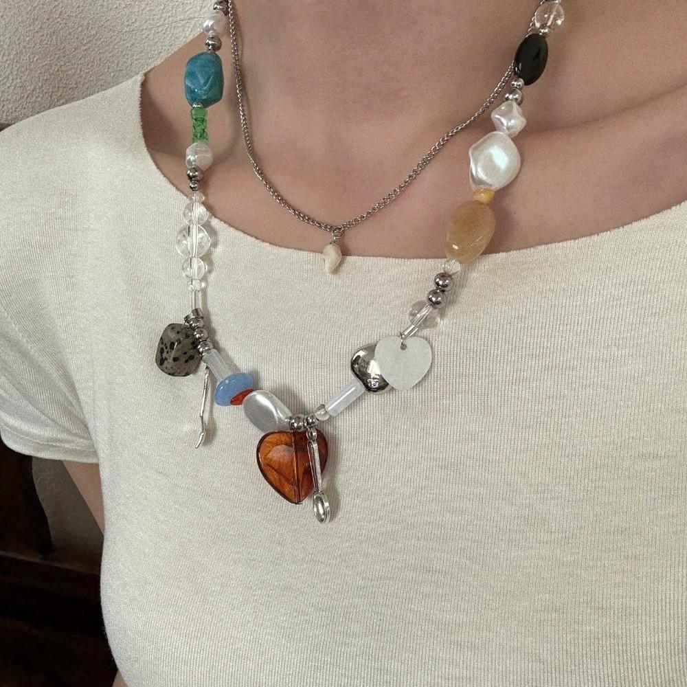 2pcs Double-layer Heart-shaped Pendant Necklace Fork Clavicle Chain Irregular Stone Necklace  Dating