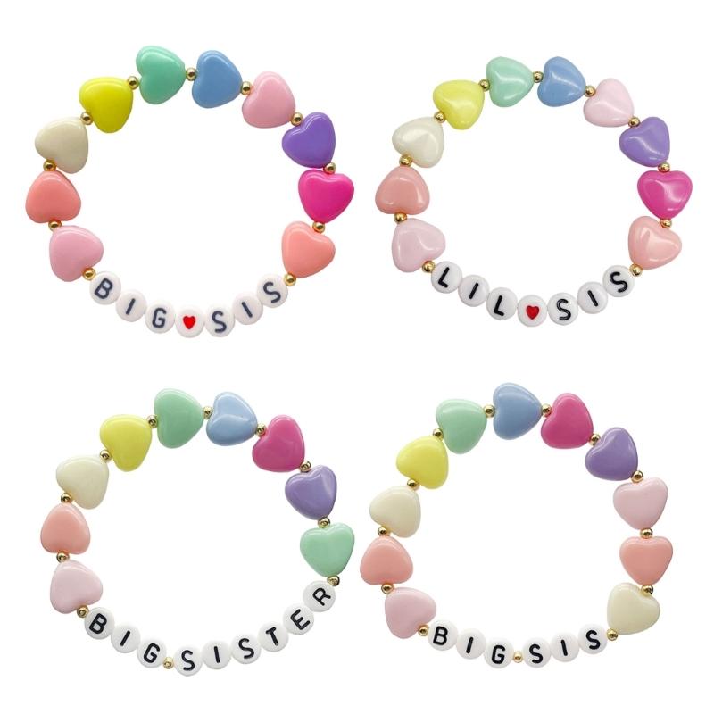 2Pcs Colorful Bead Sister Handchain Set Lettered Bangles Handcrafted Heart Bracelets for Siblings Friendship Bangle