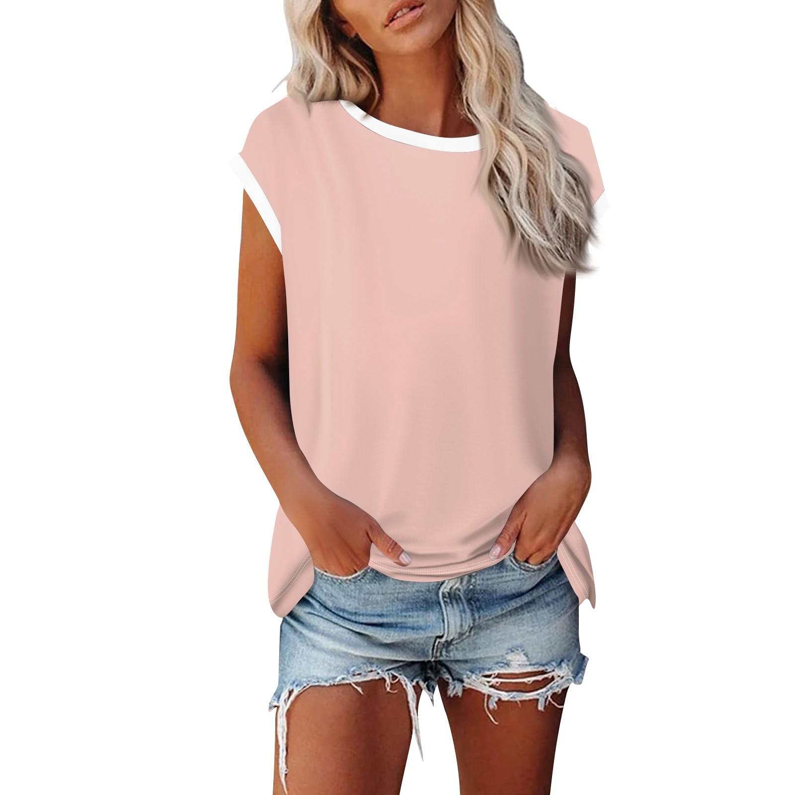 

Модная женская однотонная свободная рубашка с круглым вырезом и короткими рукавами, повседневный топ с короткими рукавами XL розовый