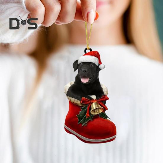 Dog Christmas Pendant Dog In Santa Boot Hanging Ornament 2D Flat Acrylic Pendant for Christmas Tree Home Decor Dog Lovers Gift