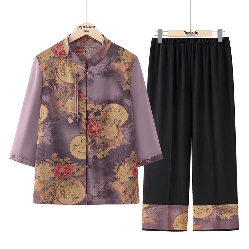 Women s Middle-Aged & Elderly Stylish Two-Piece Shirt Set XL