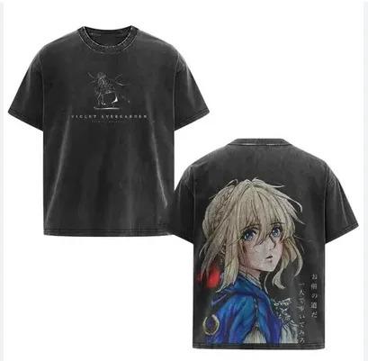 Fialová Evergardenová „Miluji tě“ Vintage Praná Anime Tričko, Unisex Kyoto Animation Fan Streetwear Tričko, 100% Bavlna Ležérní Krátký Rukáv