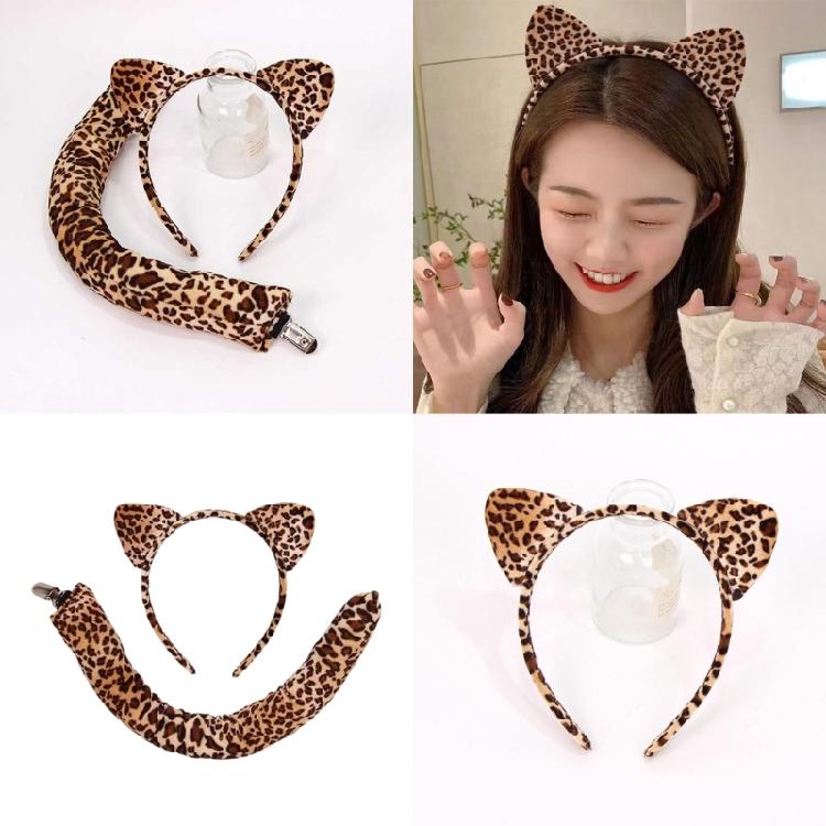 Animal Print Cats Ears Headband Matching Tail Set Breathable Roleplay Gear Costume Accessory For Cosplay Enthusiasts