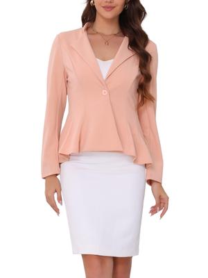 Allegra K Women's Office Blazer, Stand Collar, Long Sleeve, Single Button, Peplum, Pink, Size M