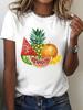 Women'S Pineapple Watercolor Fruit Slice Print T-Shirt   Short Sleeve Round Neck Summer Top with Pin