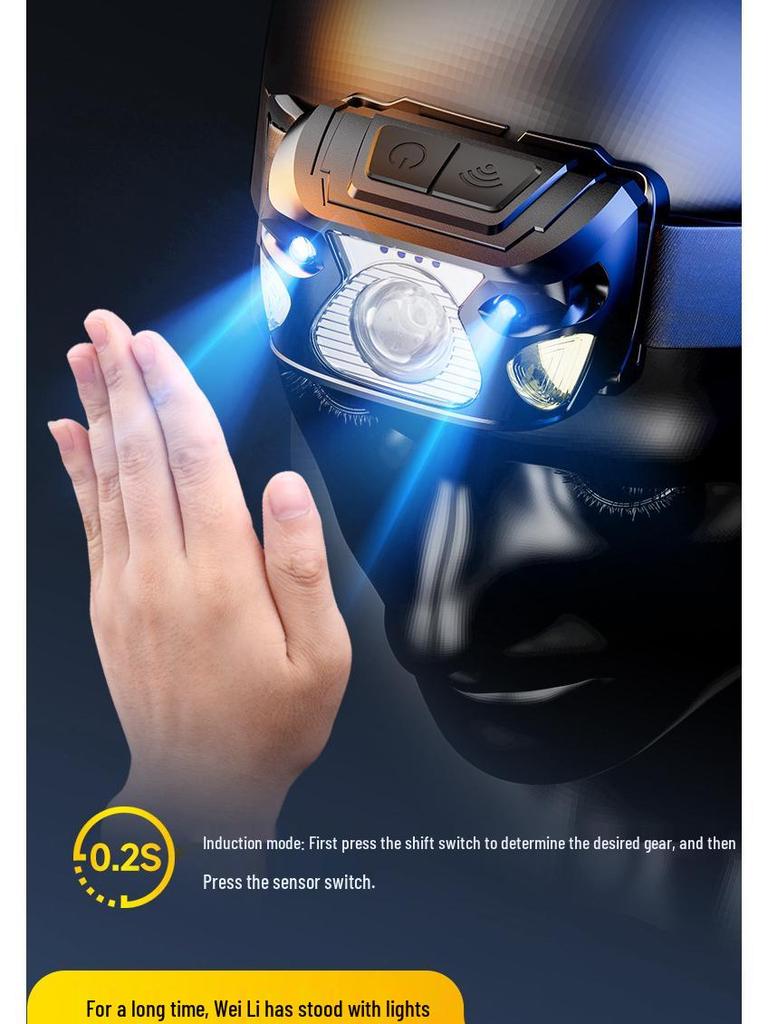 USB Rechargeable LED Headlamp with Sensor, Long Battery Life, High Brightness, Red Light Mode for Fishing, Cycling, and Outdoor Work