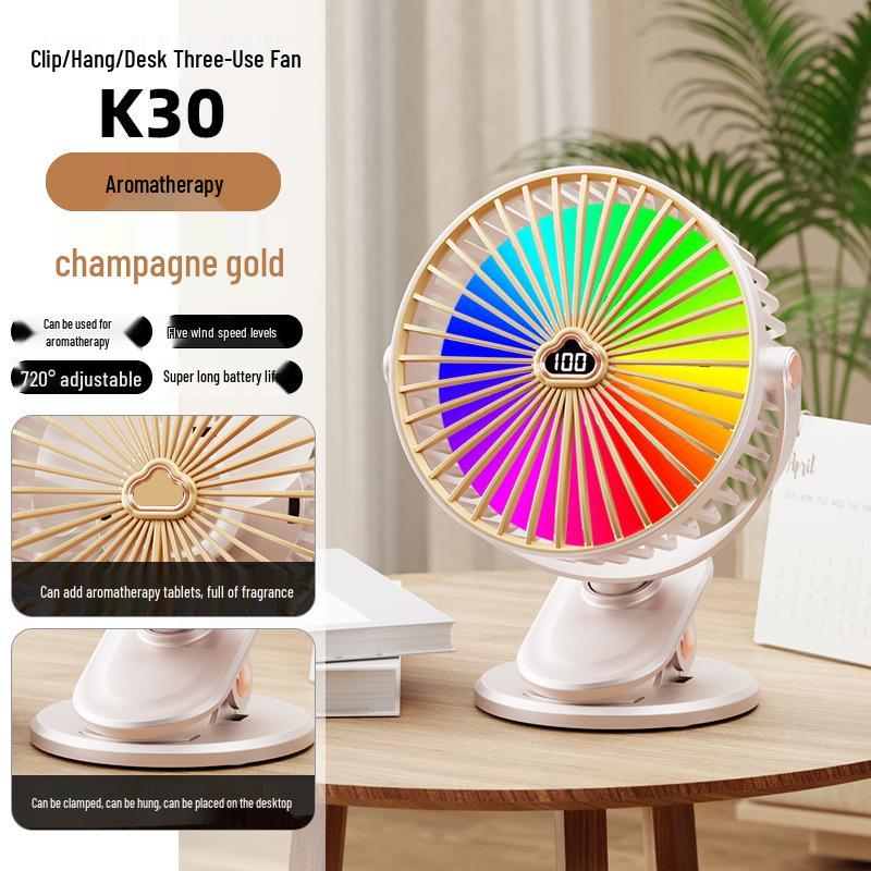 Rechargeable Multi-functional Clip-on Desktop Fan with Seven-Color Light 233x148x110mm