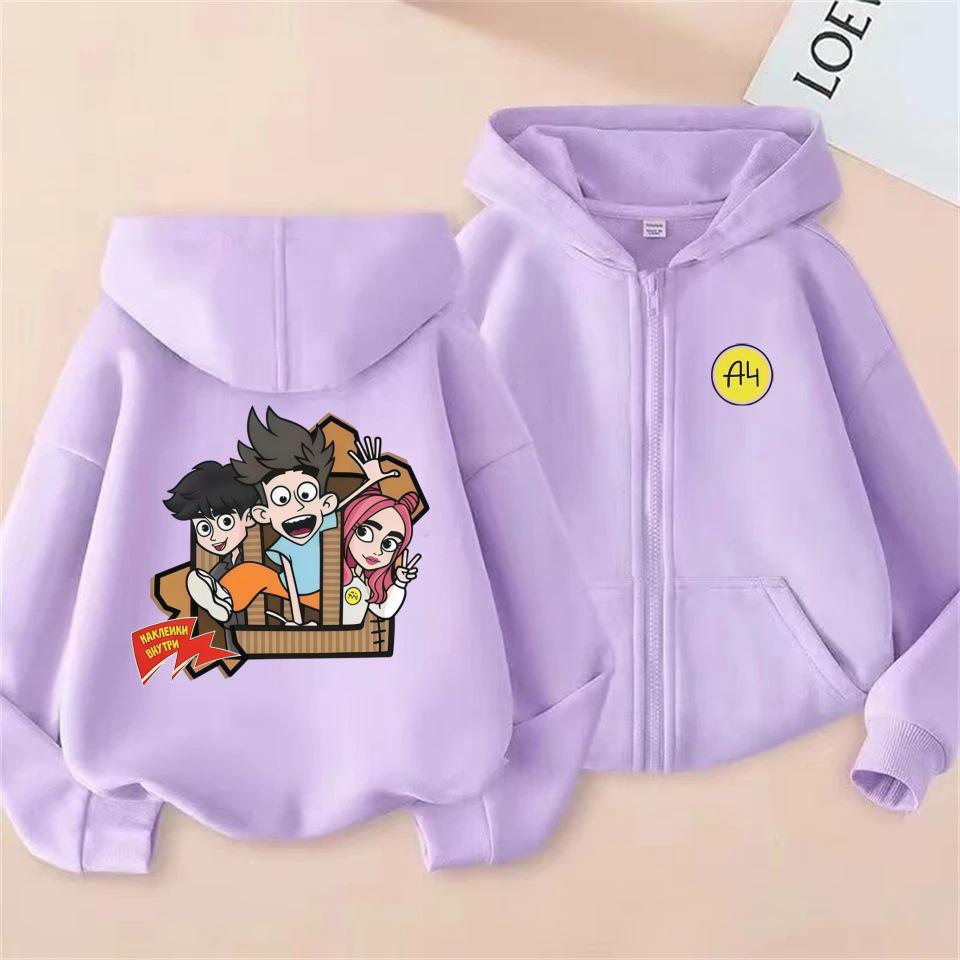 A4 Cartoon Trio Hooded Cardigan for Kids, Double-Sided Print Loose Casual Sweatshirt, Spring/Autumn.