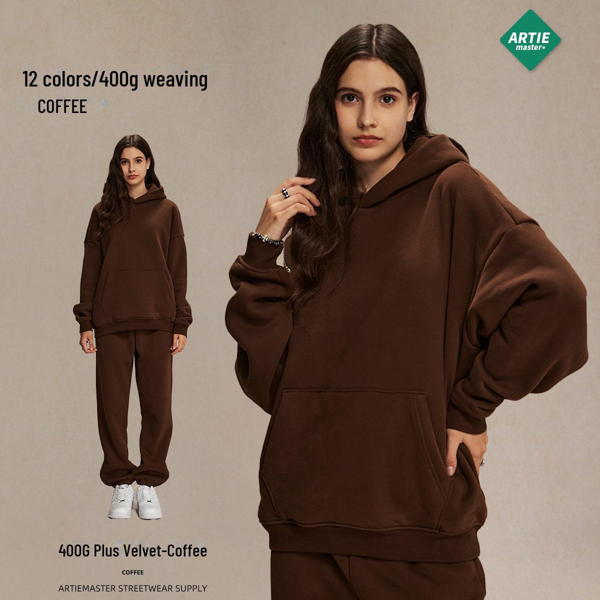 

Мужская флисовая толстовка свободного покроя с капюшоном - не линяет, утолщенная, 400 г, модная осень/зима 2024 г. XL кофейный