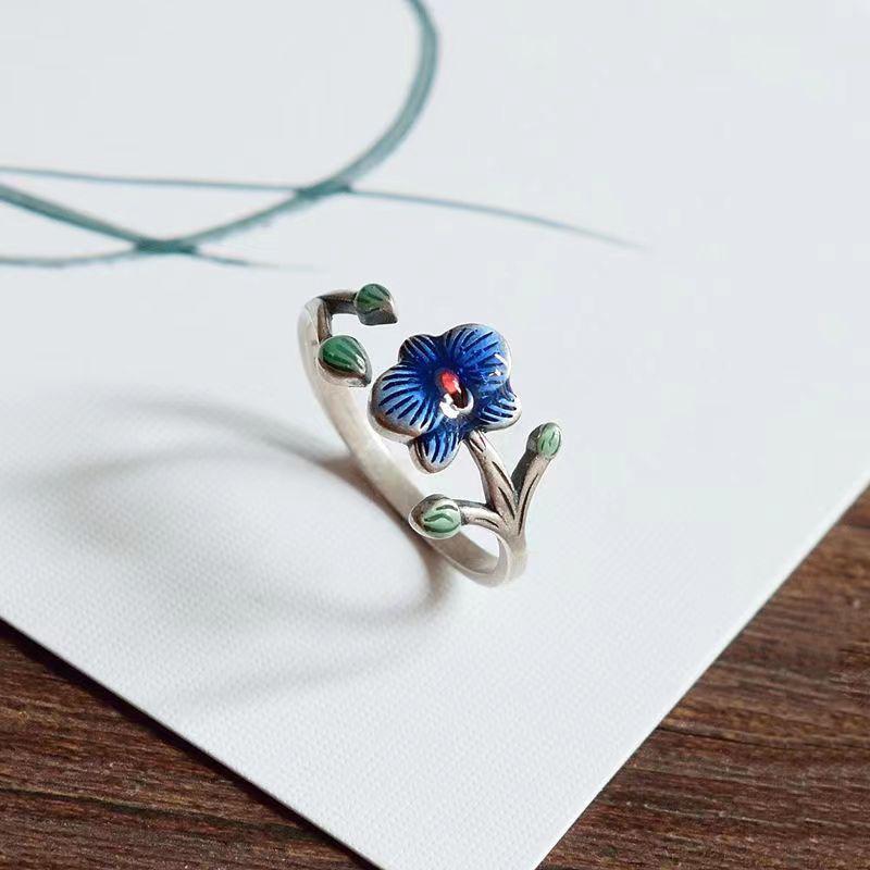 JMXD-Cloisonne Burnt Blue Phalaenopsis Ring, Small Fresh Retro Ethnic Style Literary Jewelry