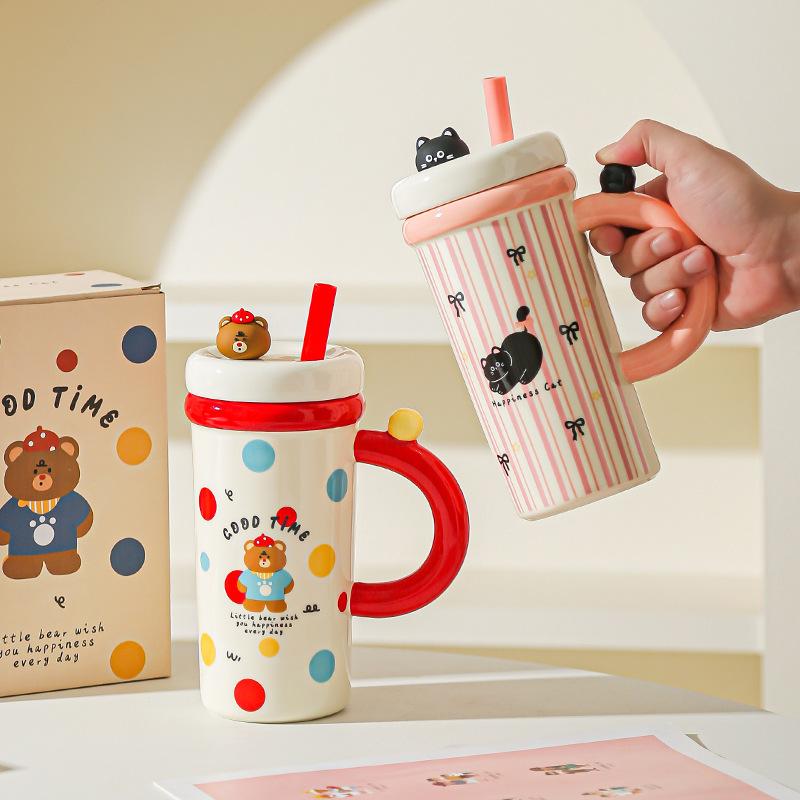 Large Capacity Cartoon Straw Cup with Lid Cute Mug High value Kitten Animal Ceramic Cup Set Gift