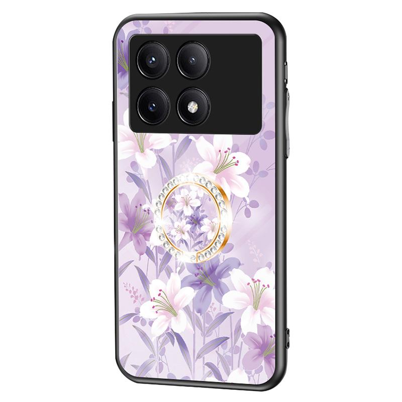 

For Xiaomi Redmi K70E 5G/Poco X6 Pro 5G Case Tempered Glass Kickstand Cover Flower Pattern Purple Magnolia